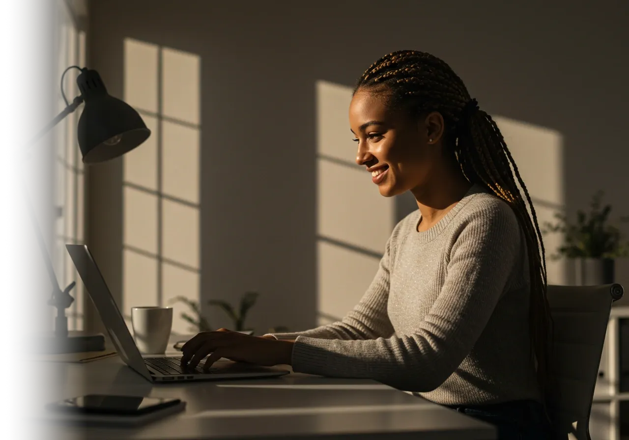 Smiling woman with braided hair using a laptop.